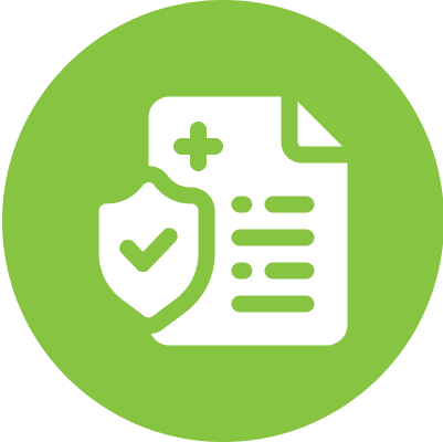 A green circle icon with a white document symbol, featuring a cross and lines. A shield with a checkmark overlaps the document, indicating security or health coverage.