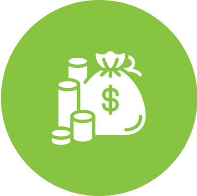 A green circle with a bag of money and coins